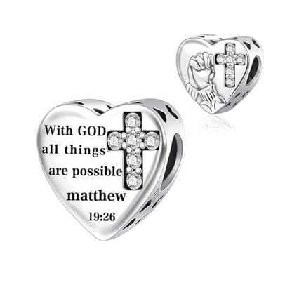 Bible Family Mom Wife Love Heart Dangle Charm 925 Sterling Silver Charms fits Bracelets and Necklace Pendant Bead Charms Jewelry Present for Women Family Friends - style: Bible - With God all things are possible Prayer Charm
