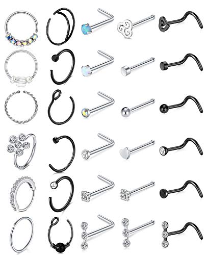 Longita 20g Nose Rings Hoop L Shape Nose Studs Stainless Steel Nose Screw Bone Flat Top Diamond Opal Heart High Nostril Piercing Jewelry Silver Rose Gold Black Pack for Women Men - color: 2 - silver & black