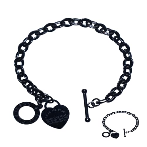 Heart Charm Bracelet Plated 18K Gold/Silver/Rose Gold Bible Scripture Heart Bracelet for Women Jewelry Gift Zircon Her Link Chain OT Clasp Stainless Steel Birthday - color: Black, size: 7.1 inch