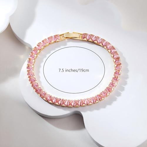 18K Gold Plated 5.0mm Pink Cubic Zirconia Tennis Bracelet|5.9-7.5in Multi-Size Classic Women's Tennis Bracelet - size: Square4mm 7.5 in/19cm