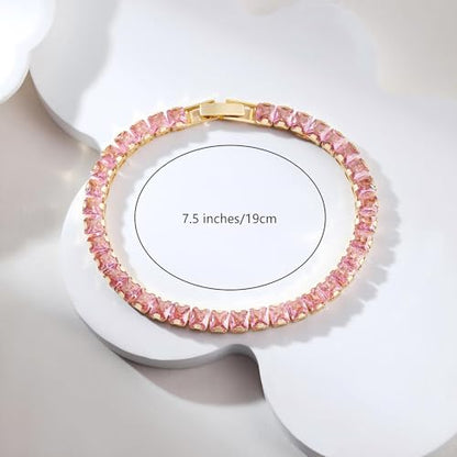 18K Gold Plated 5.0mm Pink Cubic Zirconia Tennis Bracelet|5.9-7.5in Multi-Size Classic Women's Tennis Bracelet - size: Square4mm 7.5 in/19cm