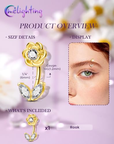 Melighting 16G Flower Rook Piercing Jewelry Marquise Stainless Steel 316L | Delicate Floral Leaf Design, 5A Grade Cubic Zircon, Dainty Eyebrow Piercing - color: Gold, size: 16g6mm