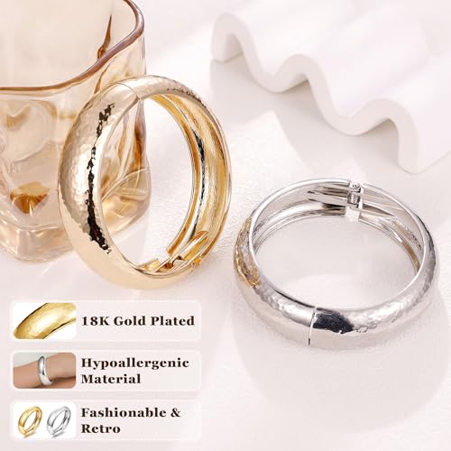 NICEIGHT 18K Gold Plated Chunky Bangle Bracelets for Women Gold Wide Cuff Bangle Bracelet Hammered Minimalist Thick Gold Wrist Wrap Bracelets - color: Silver Thin Hammered Bracelet