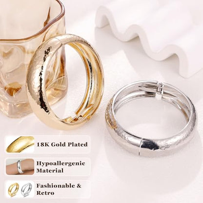 NICEIGHT 18K Gold Plated Chunky Bangle Bracelets for Women Gold Wide Cuff Bangle Bracelet Hammered Minimalist Thick Gold Wrist Wrap Bracelets - color: Silver Thin Hammered Bracelet