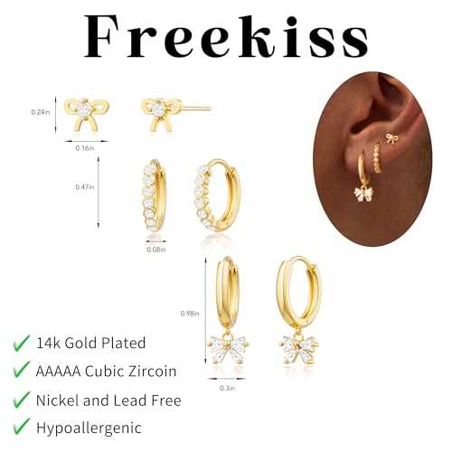 Freekiss 3 Pairs Hoop Earrings Set - Dainty Stud Dangle Cartilage for Women | Hypoallergenic Earrings, Cubic Zirconia Stackable Trendy Small Set Jewelry Gifts for Women - style: Bow Set-GD