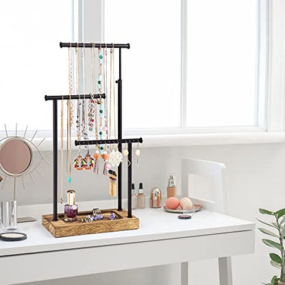 SRIWATANA Carbonized Black Jewelry Organizer Stand, Tall Necklace Holder | 3-Tier 360° Rotating Tall Jewelry Tree with Adjustable Height for Necklaces, Earrings, Bracelets, and Ring Tray - color: carbonized black and black