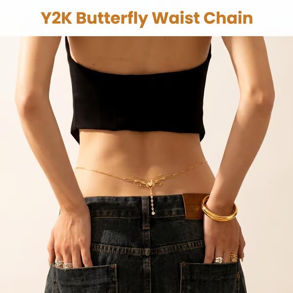 Gold Dripping Butterfly CZ Waist Chain for Low-Rise Y2K, Adjustable Silver 18K Elegant Dripping Butterfly Pendant Chain Belt, Cute Belly Chain Body Chain Sexy Back Jewelry for Womens - color: Gold