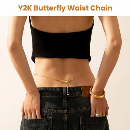 Gold Dripping Butterfly CZ Waist Chain for Low-Rise Y2K, Adjustable Silver 18K Elegant Dripping Butterfly Pendant Chain Belt, Cute Belly Chain Body Chain Sexy Back Jewelry for Womens - color: silver