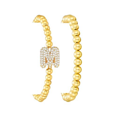 Initial Stack Bracelet Set for Women Trendy 14K Gold Plated Beaded Stackable Stacking Stretch Name Bracelets Dainty Friendship Waterproof Charm Cute Birthday Jewelry Gifts for Women - color: Initial M