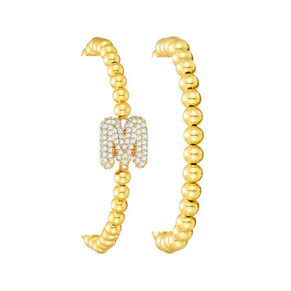 Initial Stack Bracelet Set for Women Trendy 14K Gold Plated Beaded Stackable Stacking Stretch Name Bracelets Dainty Friendship Waterproof Charm Cute Birthday Jewelry Gifts for Women - color: Initial M