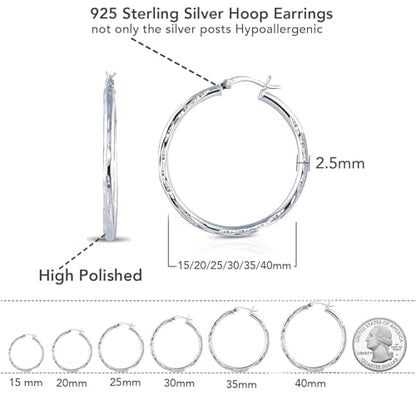 Charmsy 925 Sterling Silver Hoop Earrings | Lightweight Italian 2.5mm Tube Diamond-Cut Round Classic Hoops Earring for Women | Size 15/20/25/30/35/40/50/60/70mm | Small Medium Large - color: Diamond-Cut, size: 25 MM