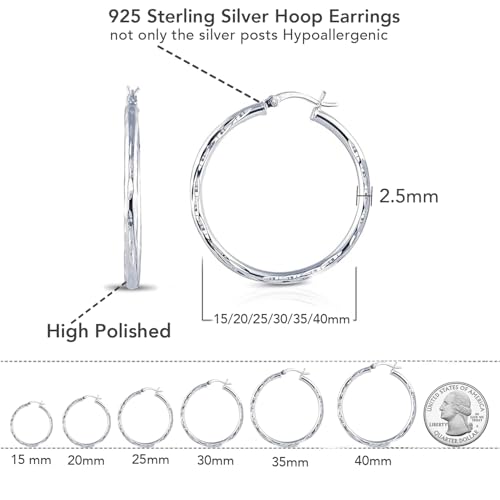 Charmsy 925 Sterling Silver Hoop Earrings | Lightweight Italian 2.5mm Tube Diamond-Cut Round Classic Hoops Earring for Women | Size 15/20/25/30/35/40/50/60/70mm | Small Medium Large - color: Diamond-Cut, size: 20 MM