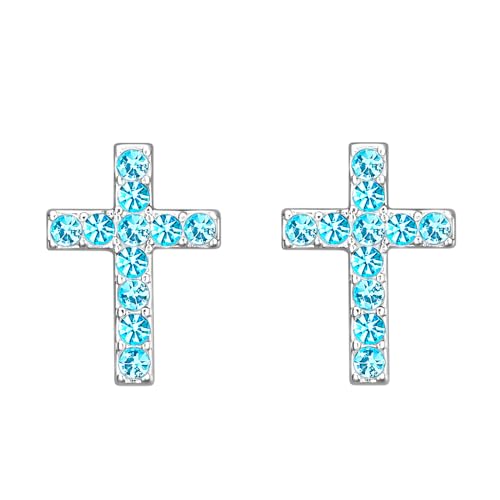 Cross Stud Earrings for Women,Initial Letter Cross Earrings Gifts Jewelry for Women - color: 03-March-Aqua Blue