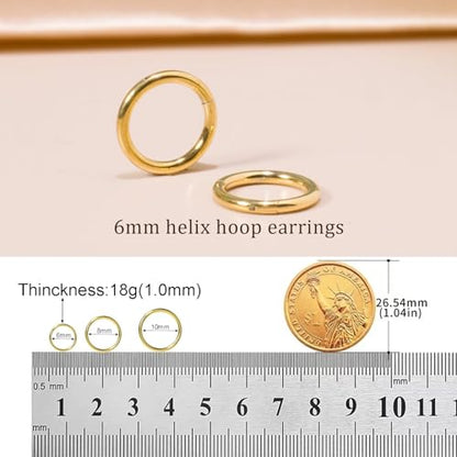 Small Gold Hoop Earrings, Lightweight 14K Gold Plated Huggie Hoop Earrings for Cartilage Helix Tragus, Hypoallergenic Earrings for Women Men, Tiny Thin Hoops Surgical Steel Endless Hoops Earrings 6-10 mm - color: 6/8/10mm Hoop Gold-18g