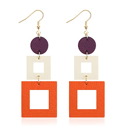 KINIVA Leather Dangle Earrings for Women Trendy, Lightweight Leaf Circle Lightning Earrings Drop, Jewelry Gifts for Women - color: 38 Purple White Orange