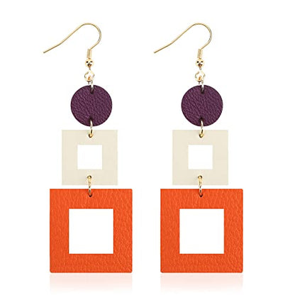 KINIVA Leather Dangle Earrings for Women Trendy, Lightweight Leaf Circle Lightning Earrings Drop, Jewelry Gifts for Women - color: 38 Purple White Orange