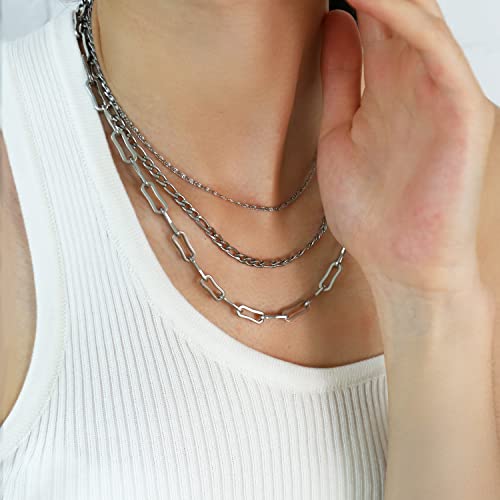 Elegance 11 designs Gold/Silver Stainless Steel Layered Set Necklace Square Linear Paperclip Figaro Chain Flat Chain Thick Short Metal Men's Women's Pop Necklace - color: Silver 3 layers