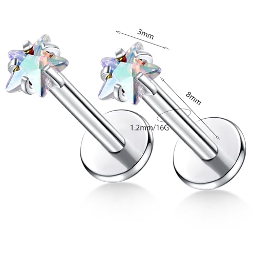 BelezaDosas G23 Titanium Labret Studs Threadless 16G Lip Rook Lobe Tragus Helix Cartilage Push Back Earring Piercing Jewelry - style: 1pair Star AB