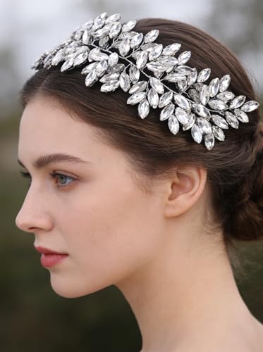 Missgrace Women Silver Green Black Red Blue Handmade Full Crystal Rhinestone Large Headband Hair Vine Shinny Headpiece Bridal Wedding Hair Accessories for Women (Silver) - color: Silver