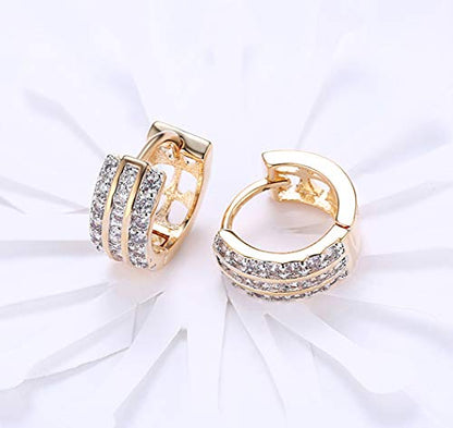 14K Rose Gold Plated Three Row Cubic Zirconia Small Huggie Hoop Earrings Fashion Jewelry for Men Women - color: gold