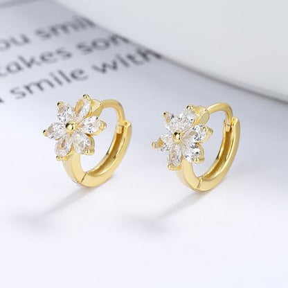 Flower Hoop Huggie Earrings for Women Small Crystal Cubic Zirconia Flower Hoops Earrings Cartilage Earrings Trendy Kawaii Cute Little Hoop Earrings Wedding Statement Gift Jewelry - color: Gold