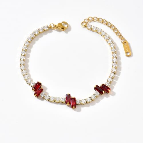 18K Gold Plated Cubic Zirconia Tennis Bracelet for Women Sparkling Stackable Stainless Steel Jewelry Hypoallergenic Tarnish Resistant Bridal Gift - color: Red Baguette CZ-Gold