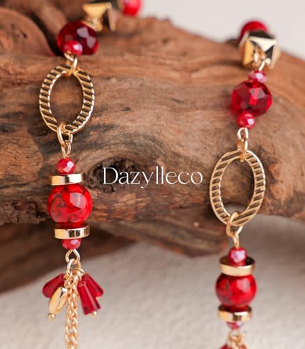 Long Gold Boho Necklaces for Women Beaded Statement Chain Long Necklace Gold Costume Jewelry Birthday Gifts for Her - color: Dark Red