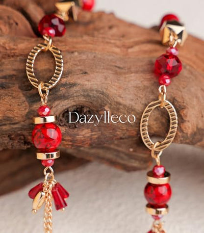 Long Gold Boho Necklaces for Women Beaded Statement Chain Long Necklace Gold Costume Jewelry Birthday Gifts for Her - color: Dark Red