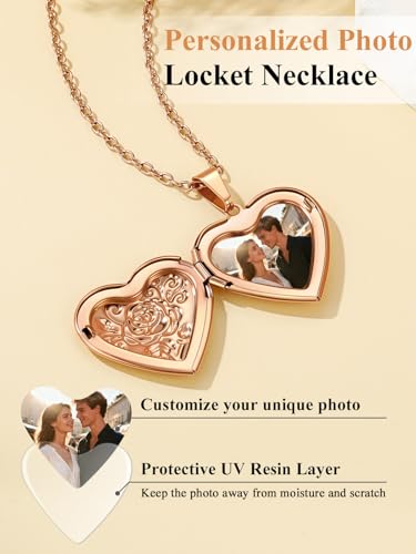 Custom4U Personalized Heart Locket Necklace with Pictures,Sunflower/Angel Wings/Heart Shaped Lockets Custom Photo,Gold/Rose Gold/White Lockets That Holds Picture,Customized Memorial Jewelry for Women - color: C-Heart-Rose Gold(Locket + Photo + Engraving)
