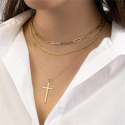 Turandoss Dainty Layered Choker Necklace, Handmade Y Pendant Necklace Multilayer Bar Disc Necklace Adjustable Layering Choker Necklaces for Women - style: 3PCS - Link Chain&Beads Chain&Cross