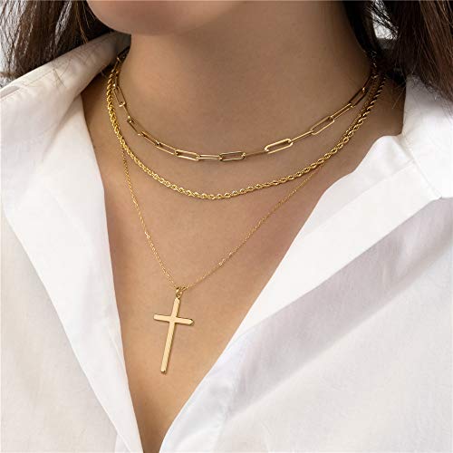 Turandoss Dainty Layered Choker Necklace, Handmade Y Pendant Necklace Multilayer Bar Disc Necklace Adjustable Layering Choker Necklaces for Women - style: 3PCS - Link Chain&Beads Chain&Cross