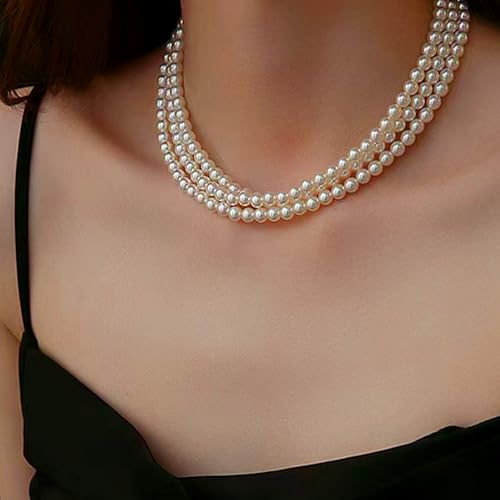 Zeffy Pearl Necklace 4MM/6MM/8MM Dainty Round Imitation Pearl Choker Necklace Wedding Pearl Necklace Delicate Jewelry for Women Simple Bridesmaid Jewelry Gifts - style: 6mm Three-layer Pearl Choke(16"+2)