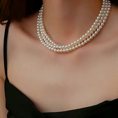 Zeffy Pearl Necklace 4MM/6MM/8MM Dainty Round Imitation Pearl Choker Necklace Wedding Pearl Necklace Delicate Jewelry for Women Simple Bridesmaid Jewelry Gifts - style: 6mm Three-layer Pearl Choke(16"+2)