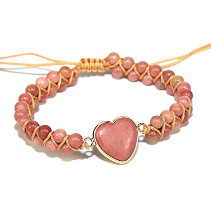 Women Boho Wrap Bracelet,Handmade Natural Stone Crystal Emperor Beads Heart Bracelet, Fashion Bohemian Jewelry Gift for Women - color: Rhodochrosite #2