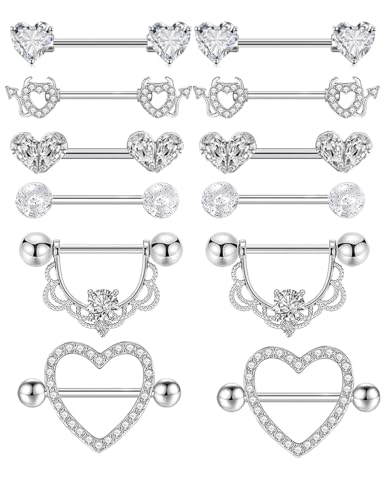 TIANCI FBYJS 6 Pairs Nipple Rings Stainless Steel Heart Butterfly Moon Flower CZ Stud Barbell Tongue Rings Set Cute Nipplerings Piercing Jewelry for Women Pink Tone - color: silver