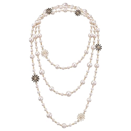 63" Long Pearl Necklace – Vintage Elegant Imitation Pearl Flower Strand, Fashion Layered Body Jewelry for Summer Dresses, Beach Cover-Up & Evening Outfits – Gift for Women