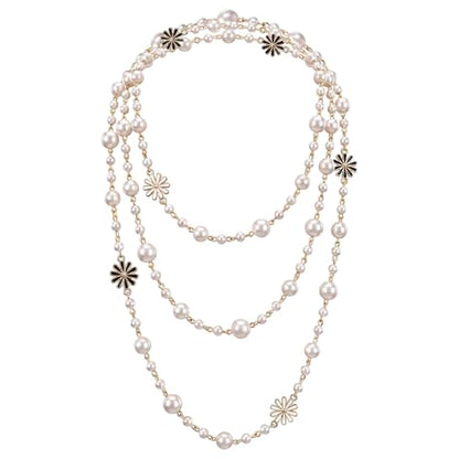 63" Long Pearl Necklace – Vintage Elegant Imitation Pearl Flower Strand, Fashion Layered Body Jewelry for Summer Dresses, Beach Cover-Up & Evening Outfits – Gift for Women