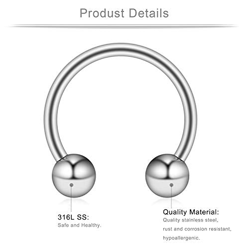 16-24PCS 16G Surgical Steel Horseshoe & Captive Bead Nose Hoop Septum Earring Eyebrow Tongue Lip Nipple Helix Tragus Piercing Jewelry Rings 6-16mm - color: 24PCS - Silver