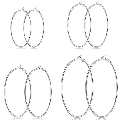 3 Pairs Sterling Silver Large Hoop Earrings Set for Women 40 50 60MM | 14K White Gold Plated, Hypoallergenic - style: Silver 20 30 40 50 MM