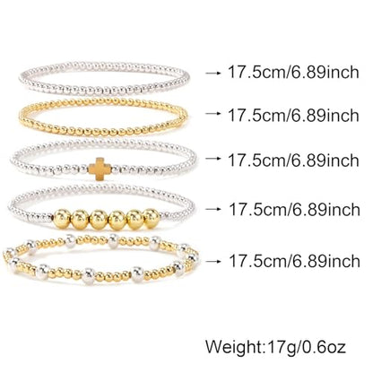 Silver Gold Beaded Bracelets for Women Stackable 14K Gold Plated Beads Ball Cross Bracelet Stack Non Tarnish Elastic Stretch Trendy Jewelry Christian Friendship Christmas Gifts for Women - color: 5pcs-Gold Cross