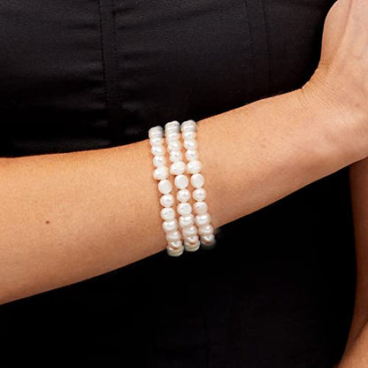 Handmade Women's Pearl Bracelet | Stretchy Beaded 7-8mm Baroque Pearl Bracelet for Ladies and Girls - Pink, Black, White, Grey, Multicolor - color: Set of 3: White