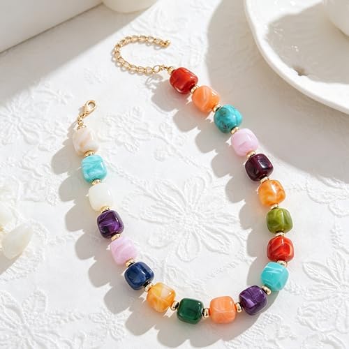 YUJIE Chunky Heart Pendant Necklace for Women- Exaggerated Statement Puff Heart Necklace with Acrylic Beaded Chain - color: A-rainbow suqare bead
