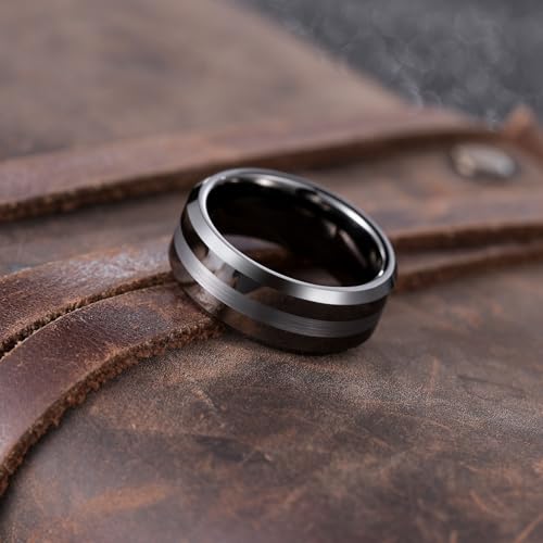 King Will Classic Tungsten Carbide Ring Brushed Two Grooved Center Hammered Design Mens Wedding Band for Men | Black/Silver/Gold, 8mm, Men's Wedding Band, Grooved, Comfort Fit, Everyday Wear - color: A-Gunmetal Gray 8mm