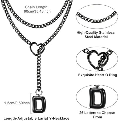 Black Heart Slip Chain Initial Necklaces for Women, Stainless Steel Wrap Choker Necklace, Gothic O-Ring Adjustable Lariat Y Necklaces, Punk Cuban Collar Choker Necklace, Halloween Jewelry Gift