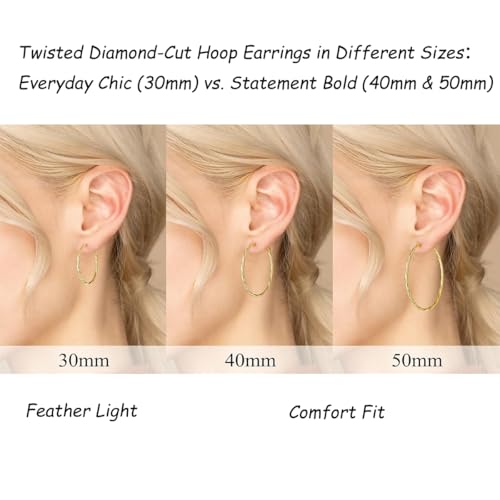 14K Gold/Silver Plated Twisted Hoop Earrings for Women - Sparkly Diamond-Cut Large Hoops with 925 Sterling Silver Post, Lightweight Hypoallergenic Trendy Jewelry Gifts (30mm / 40mm) - size: Gold 50mm