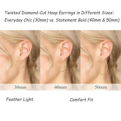 14K Gold/Silver Plated Twisted Hoop Earrings for Women - Sparkly Diamond-Cut Large Hoops with 925 Sterling Silver Post, Lightweight Hypoallergenic Trendy Jewelry Gifts (30mm / 40mm) - size: Gold 50mm