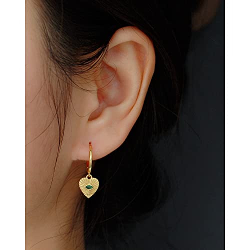Heart Evil Eye Dangle Small Hoop Earrings for Women Girls 925 Sterling Silver Green CZ Eyes Charms Drop Dangling Huggie Hoops Cartilage Cuff Hypoallergenic Earring Gifts Birthday Christmas Valentine - color: Gold