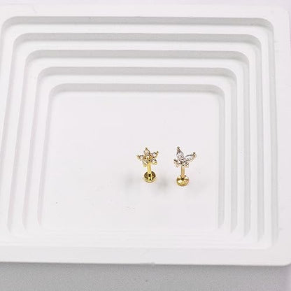VERAMI 16G Surgical Steel Pushin Lip Rings Butterfly Flower Bee Nose Stud Rings Top Push in Threadless Flat Back Nose Rings Studs Cartilage Earrings for Womens - color: STYLE-4