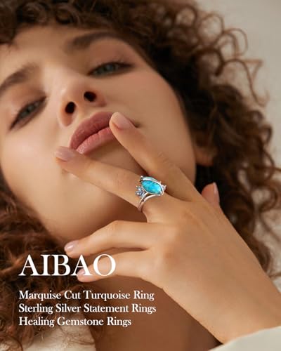 AIBAO Marquise Turquoise/Malachite Engagement Wedding Rings for Women | Sterling Silver Turquoise/ Malachite Statement Rings for Women Size 6 to 10 Western Jewelry - style: Blue Turquoise