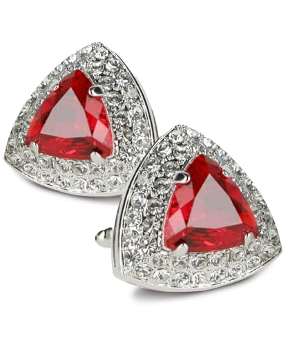Triangular Crystal Diamond Set Cuff Links for Men – Tuxedo Suit Accessories, Cufflinks for Men - style: Red/Silver